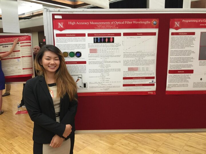 Jenny presents her research at the University of Nebraska summer research fair. Jenny also gave an invited talk at the Conference for Undergraduate Women in Physical Sciences (WoPhyS) in 2016.