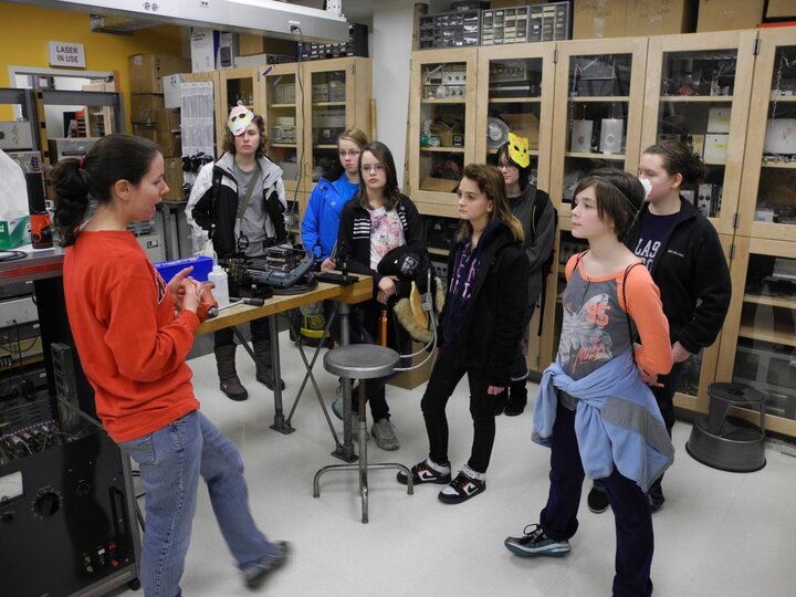 Joan giving a talk to some 6th grade girls